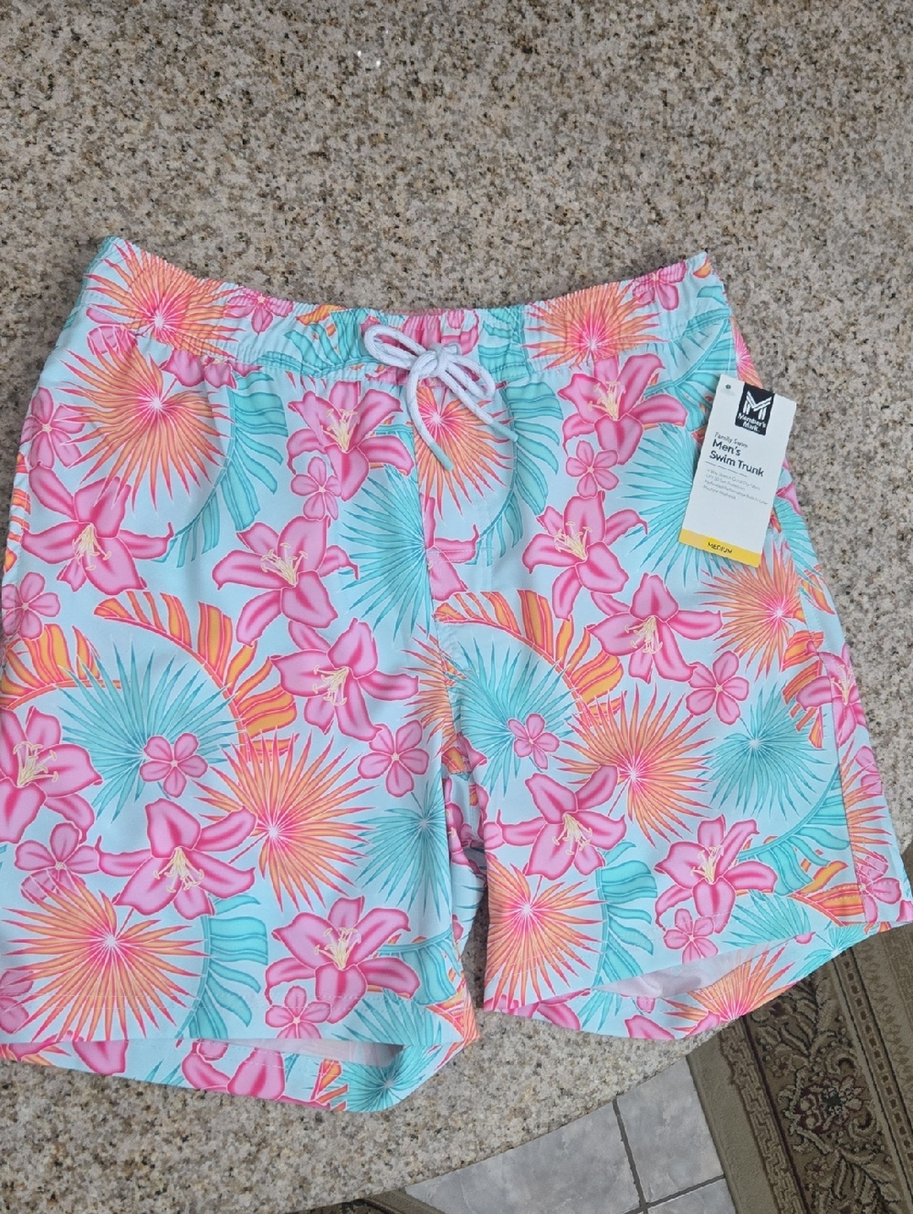 Men's Floral Swim Trunks - Mint with Pink & Orange Print